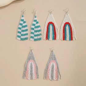 Bohemian Style Huggie Earrings Fashionable Rainbow Glass Seed Bead Fringed Beads Multi-Color Women's Jewelry