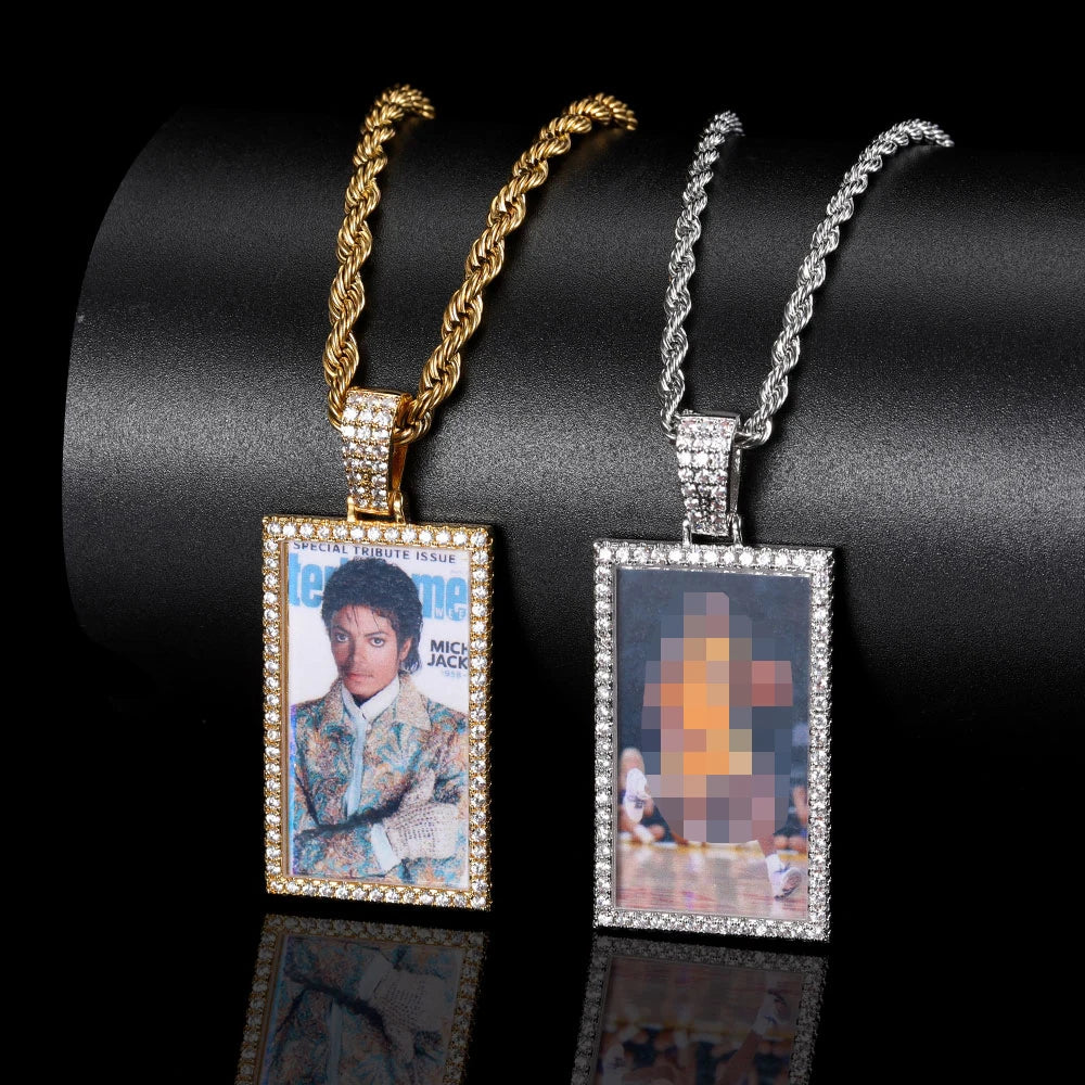 Hip Hop Picture Customized Necklaces Rectangle Iced Out Personalized  Photo Necklace