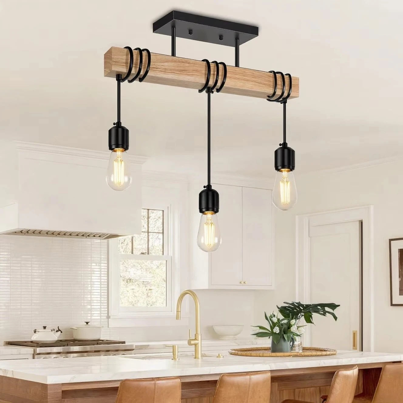 3 Head Ceiling Pendant Lamp Rustic Wooden Chandeliers Black Home Decoration for Dining Living Room Bedroom Kitchen Loft Indoor