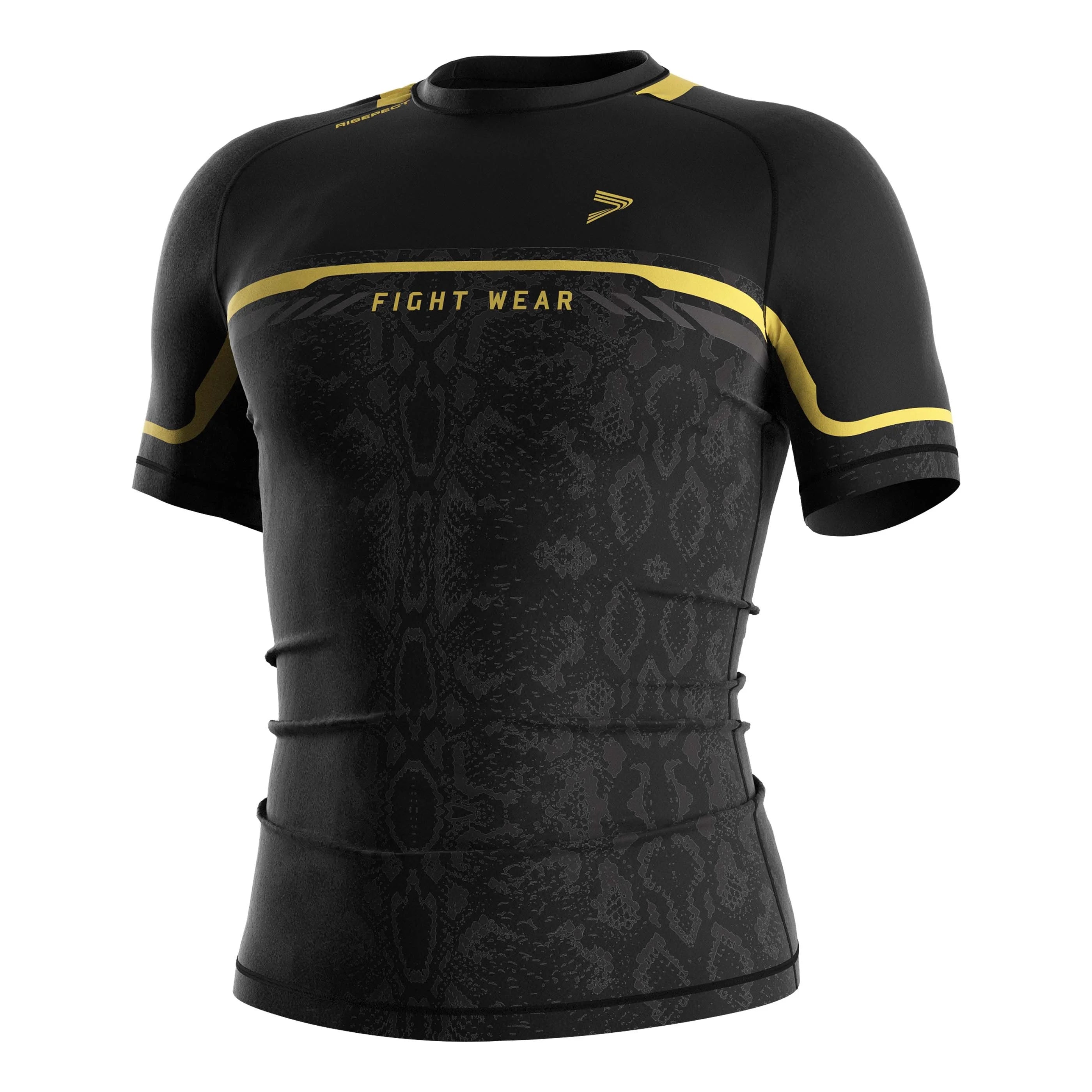 Black Golden Rash Guard Compression Shirt 4 Way Stretch and Sweat Moisture Fabric Part of a Martial Set Essential for BJJ