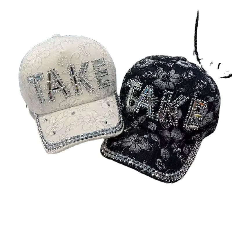 Women's Sporty Street Style Bling Rhinestone Baseball Cap Adjustable Embroidery Flower with Big Crystals Stock Available