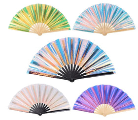 FAREA Wholesale Brilliant Color Decorative Folding Fan Waterproof PVC Handheld Large Shining Rave Hand Fan for Birthday and Party Gift
