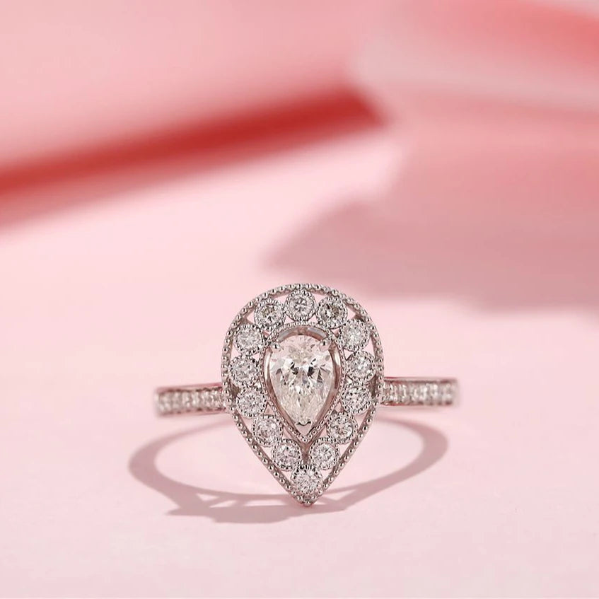 For Natural Diamond Rings H VS2 0.58CT Wedding Engagement Luxury Trendy Romantic 14K Real Gold Unisex Pear Cut