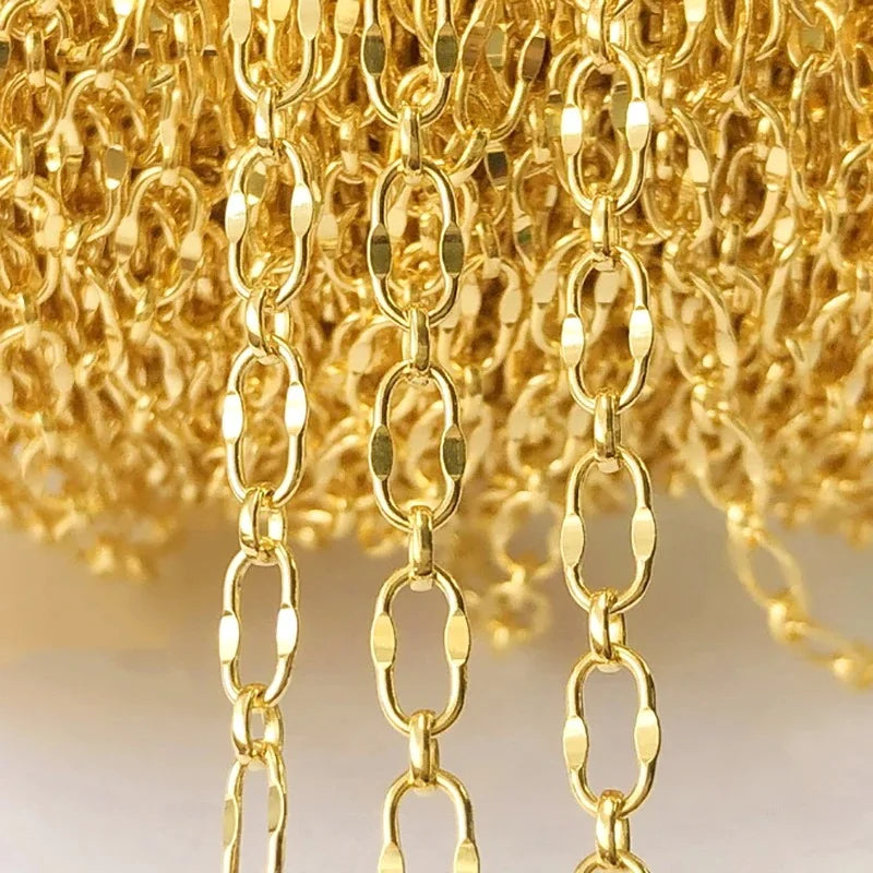 14K Gold Filled Hammered Oval Cable 3mm Chain Necklace Peanut Rectangle Link Chain Tarnish Resistant DIY Jewelry Findings