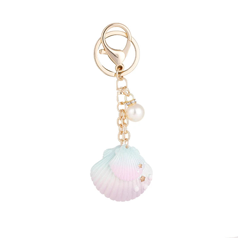 Factory Wholesale Gradient Color Shell Key Ring Tinted Resin Shell Shaped Pearl Keychain Car Accessories