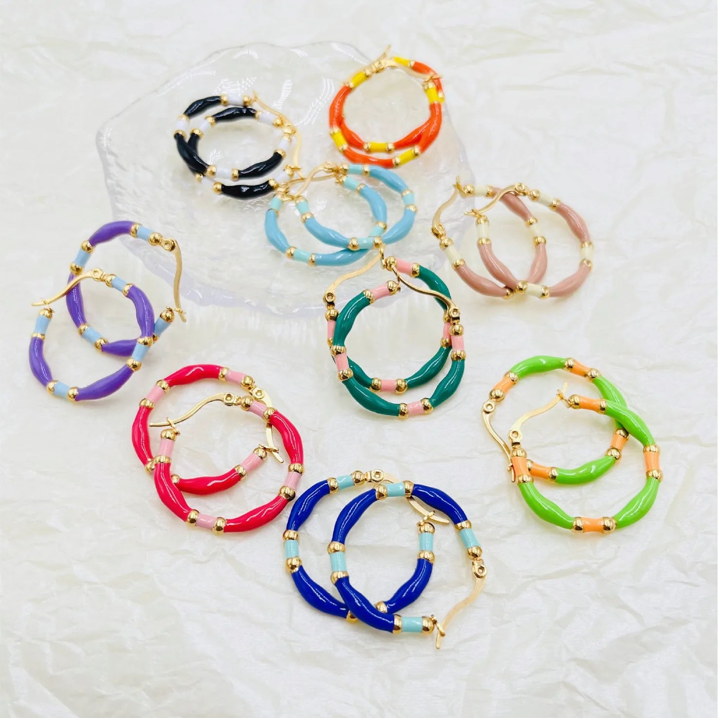 Tarnish Free Fashion Minimalist 18k Gold Plated Colorful Enamel Earrings Women Stainless Steel Huggies Hoop Earrings Jewelry