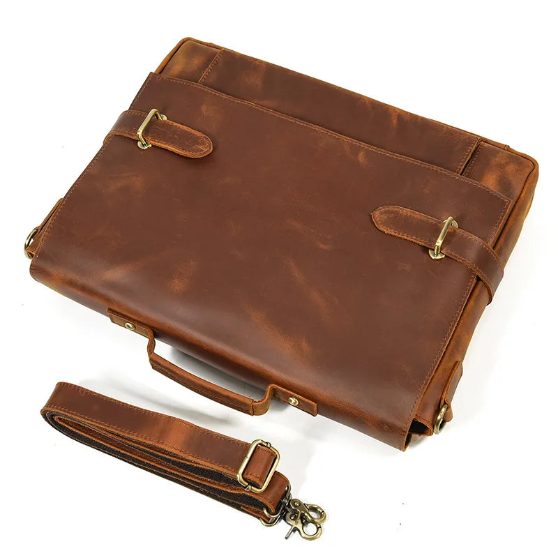 British Vintage Men's Handbag Crazy Horse Leather Business Briefcase Top Layer Cowhide  Shoulder Crossbody Bag