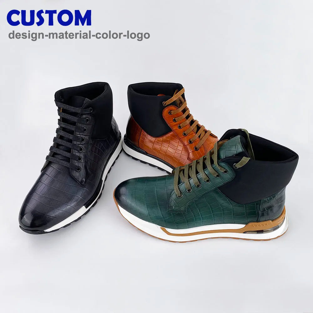 Custom Logo Men's High Top Genuine Leather Casual Shoes Plus Size Winter Wear Resistant with Ankle Boot Height Western Style