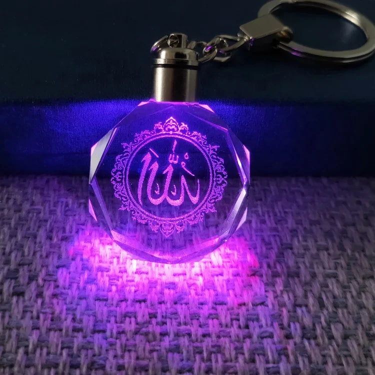 High-Quality K9 Islamic Crystal Keychain LED Flashing Custom Carve Family Photo Frame Souvenir Gifts Glass Keyring Chain