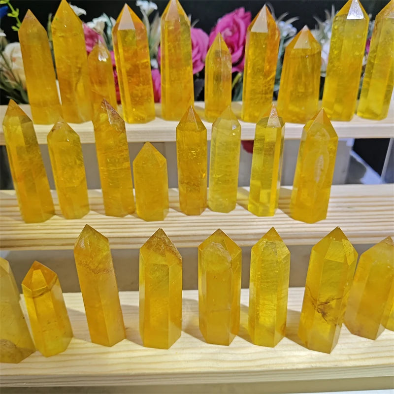 Wholesale Natural Yellow Fluorite Quartz Crystal Healing Stone Point Crystal Tower Wand for Sale