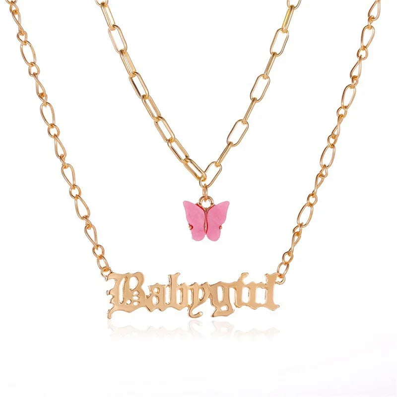 Acrylic Butterfly 2 Layers Chain Choker Letter Word Charm Pendant Necklaces for Women Trendy Necklace Hot Selling Jewelry