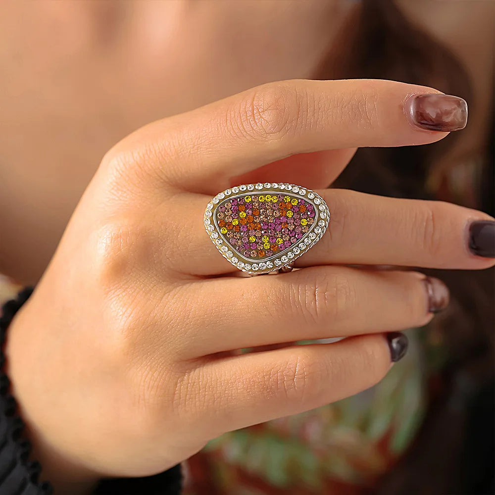 Fenyi Wholesale Jewelry Water Drop Colored Diamond Hemp Lace Titanium Steel PVD Plated 18k Real Gold Fashion Ring for Women