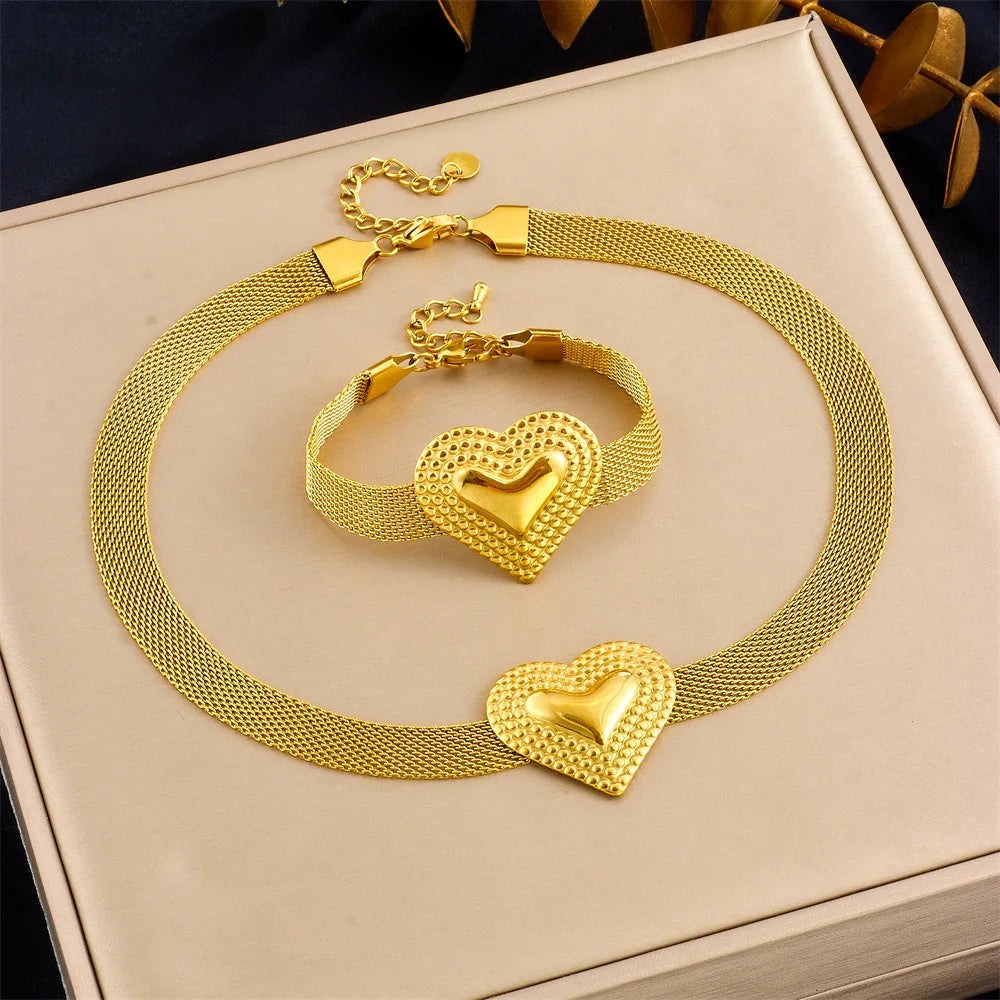 Non Tarnish Stainless Steel 18k Gold Plated Mesh Chain Heart Star Jewelry Set Simple Necklace Bracelet Set for Women