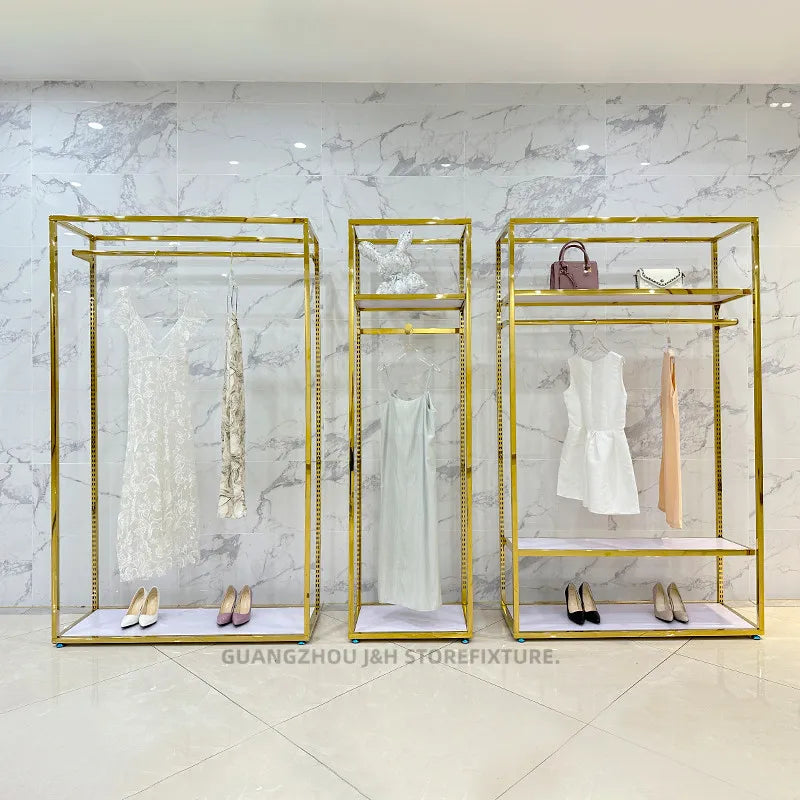 Square Gold Metal Retail Clothing Display Rack Shop Fitting Clothes Display Logo Type Garment Boutique Clothes Rack with Shelf