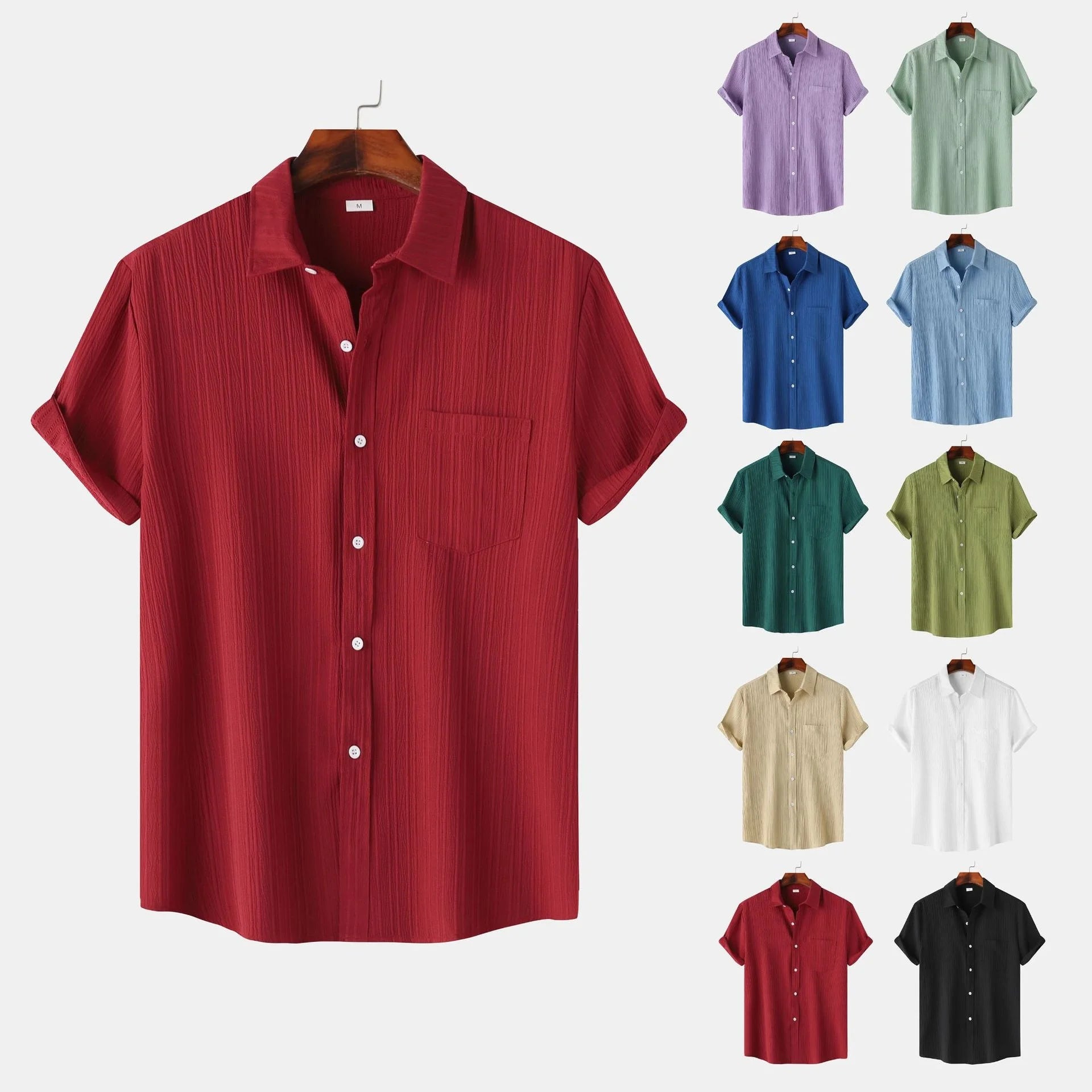 Ohsisa 2025 Summer Hot New Men's Solid Color Casual Lapel Short-sleeved Shirt Men's Top