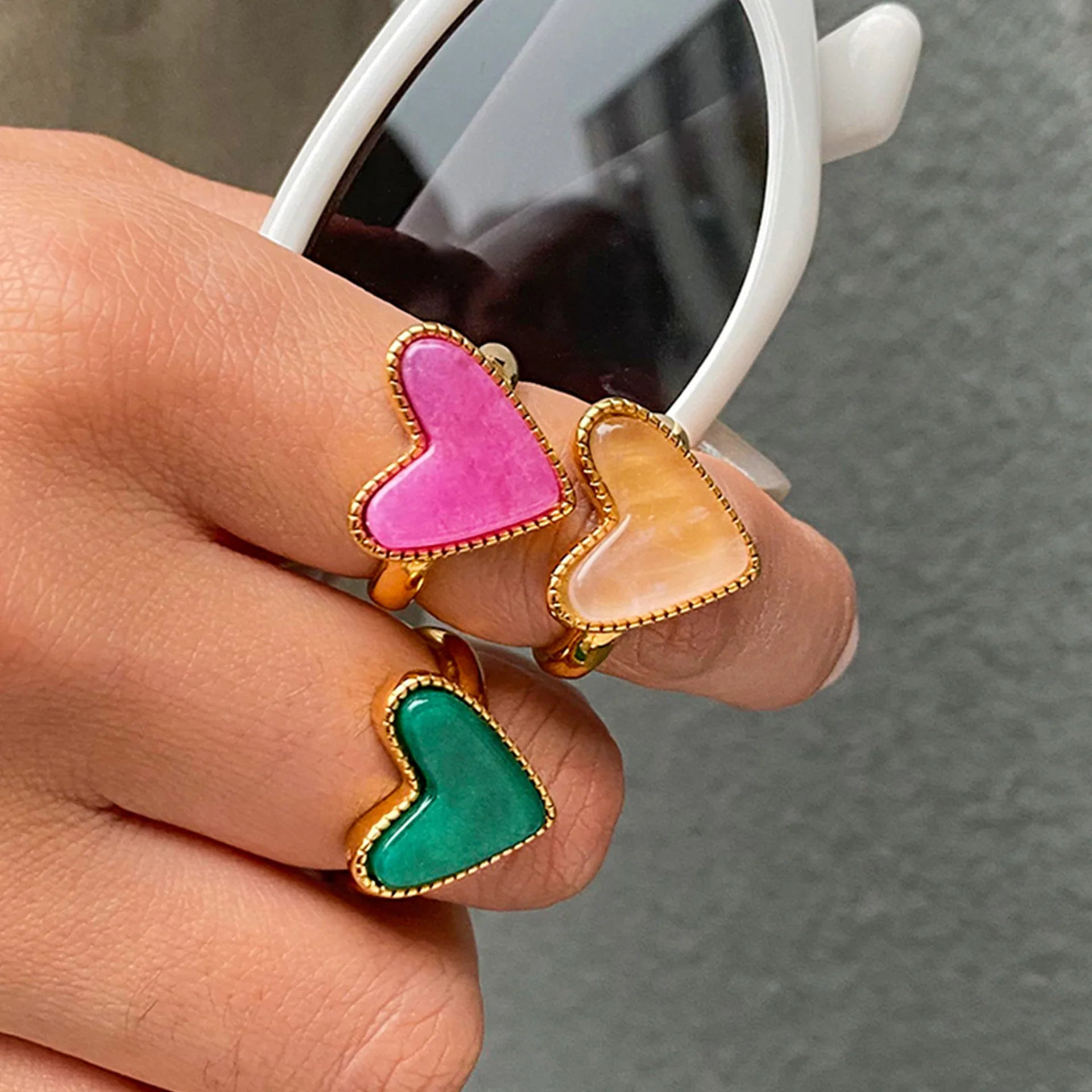 Fashion Stainless Steel Ring Jewelry 18k Gold Plated Natural Stone Heart Cut Open Adjustable Ring for Women Wedding Jewelry