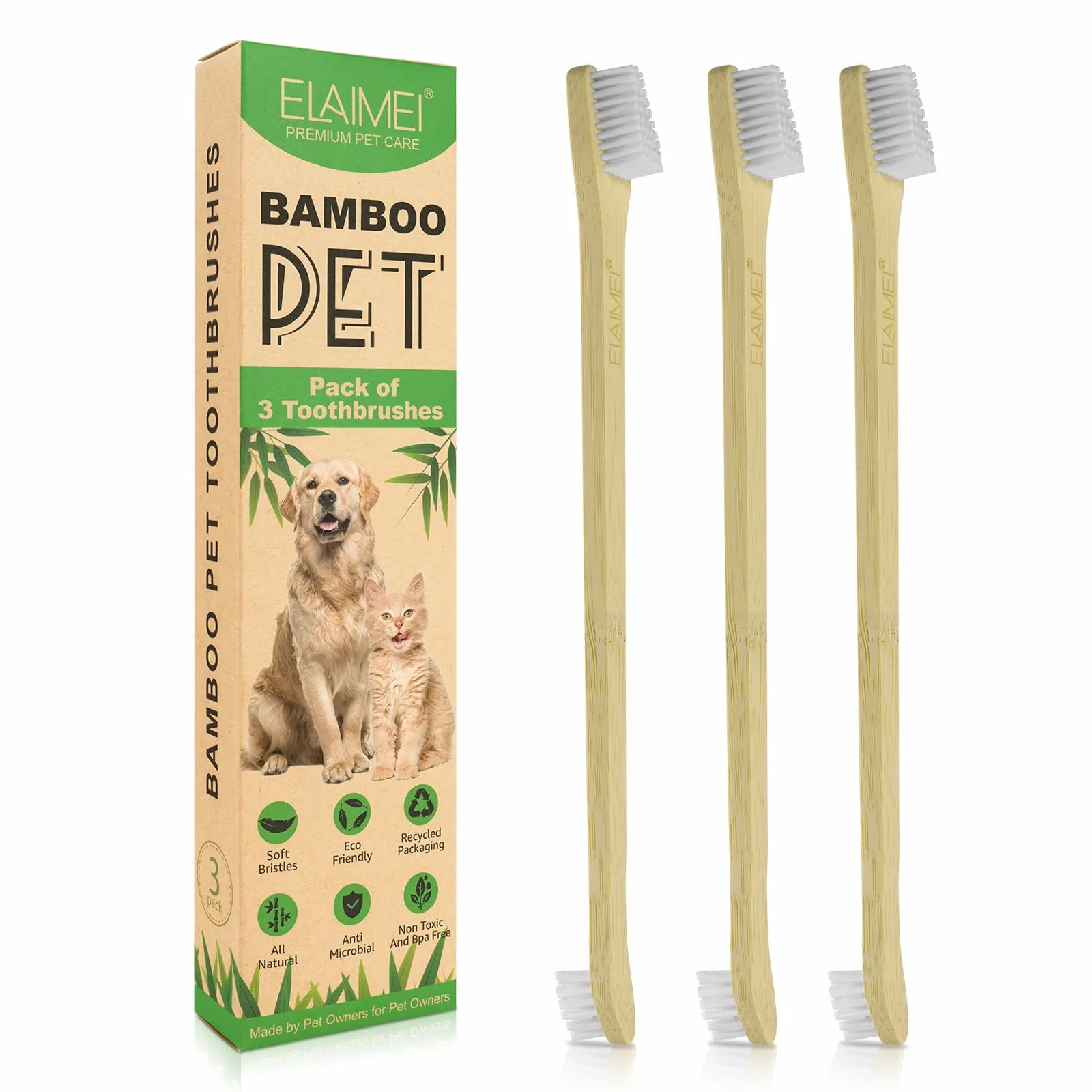 ELAIMEI Natural Bamboo Dog Toothbrush Double Heads Large Small Soft Bristle Pet Toothbrush for Dog and Cat