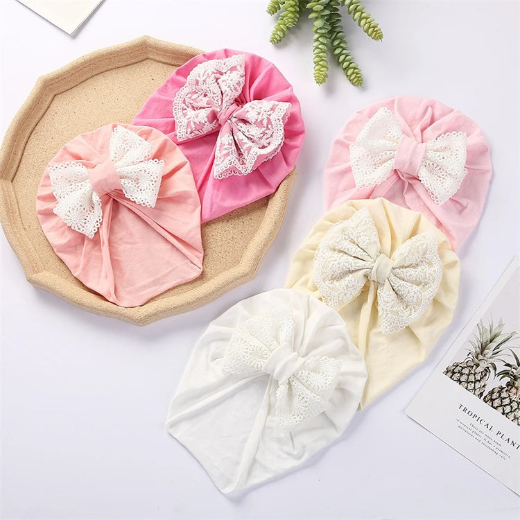 Solid Cotton Boutique Bonnet for Kids Toddler Boy or Girl Hair Accessory with Lace Embroidery Bow Cap Fashionable Headwear