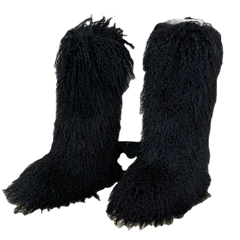 Women Long Mongolian Fur Boots Winter Warm Thick Sole High Boots Fluffy Fur Over-the-knee Fashion Outdoor Snow Boot