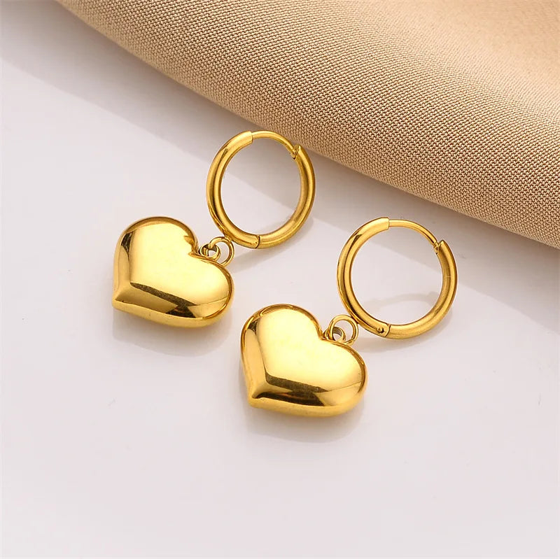 New Fashion Design Smooth Heart Shaped Pendant Earrings Women 18K Gold Plated Stainless Steel Hoop Earrings Jewelry