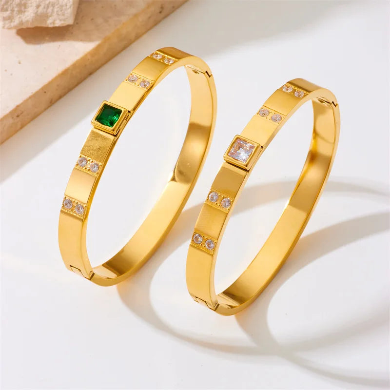 Nabest Waterproof Minimalist Stainless Steel Bracelet & Bangle Gold Plated Zirconia Emerald Bangles for Women Fashion Jewelry