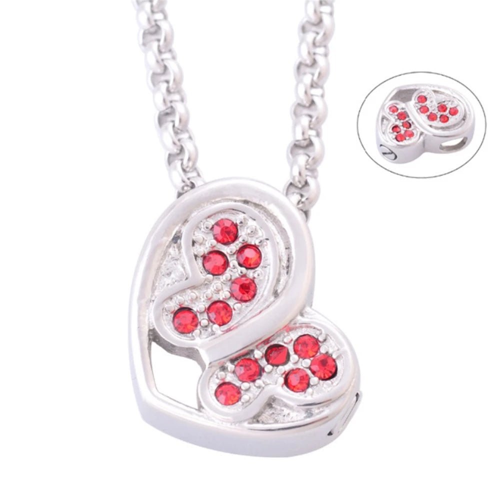 Vintage Christian Red Crystal Butterfly Heart Urn Stainless Steel Cremation Holder Pendant Necklace Memorial Keepsake Ashes