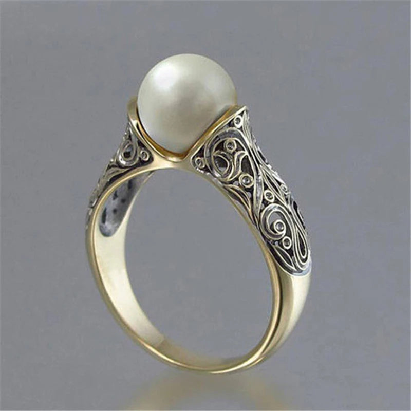 Wish Hot Sale New Style Artificial ABS Pearl Engagement Ring 14k Gold Plated Vintage Copper Jewelry for Women