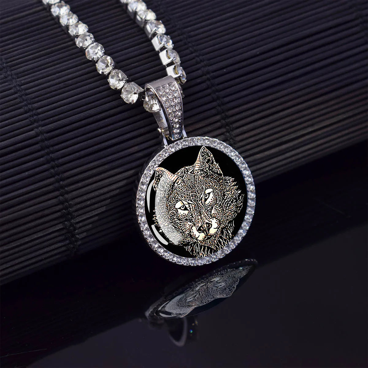 Handsome Women's Christian Trendy Jewelry Zinc Alloy Crystal Pendant Bling Iced Tennis Chain Silvery Rhinestone Hiphop Wolf Gift