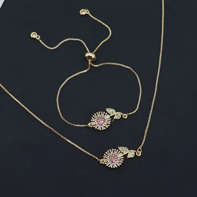 S11091  Chic Dainty 18k Gold Plated Crystal Diamond CZ Zircon Daisy Floral Flower Necklace and Bracelet Jewelry Set