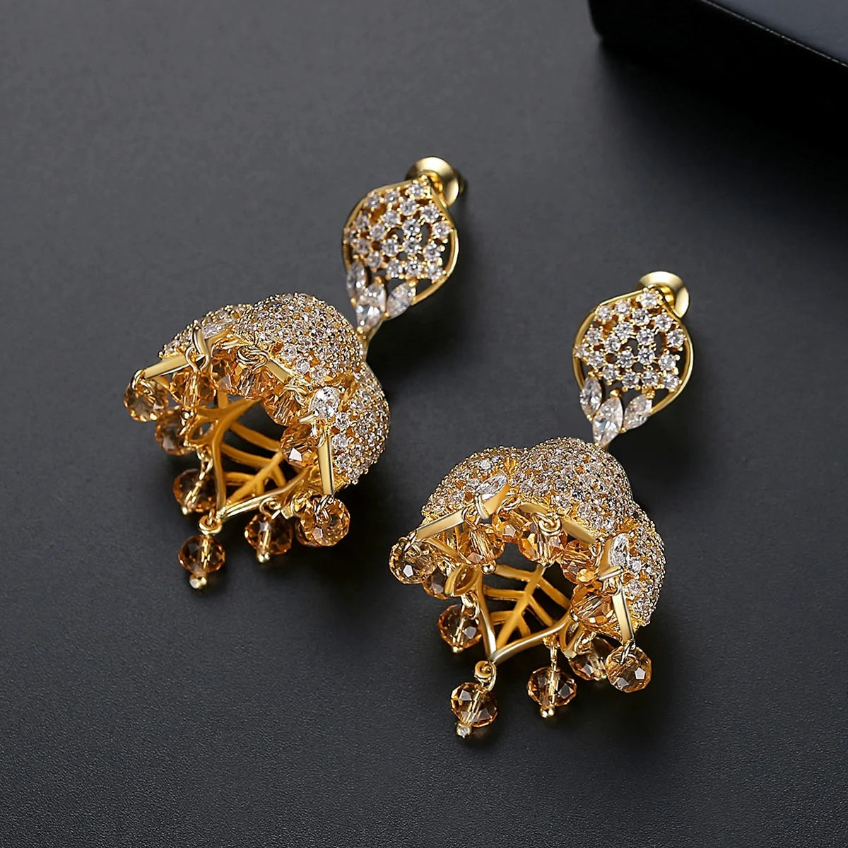Women's Jewelry Bell Earrings Women's Copper Inlaid Zircon Crystal Earrings  Indian Style Creative Tassel Ethnic Style Earrings