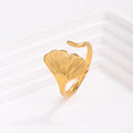 Cunyan 2025 Fashion Ginkgo Leaf Shaped Design Open Rings Gold Plated Stainless Steel Adjustable Rings for Women