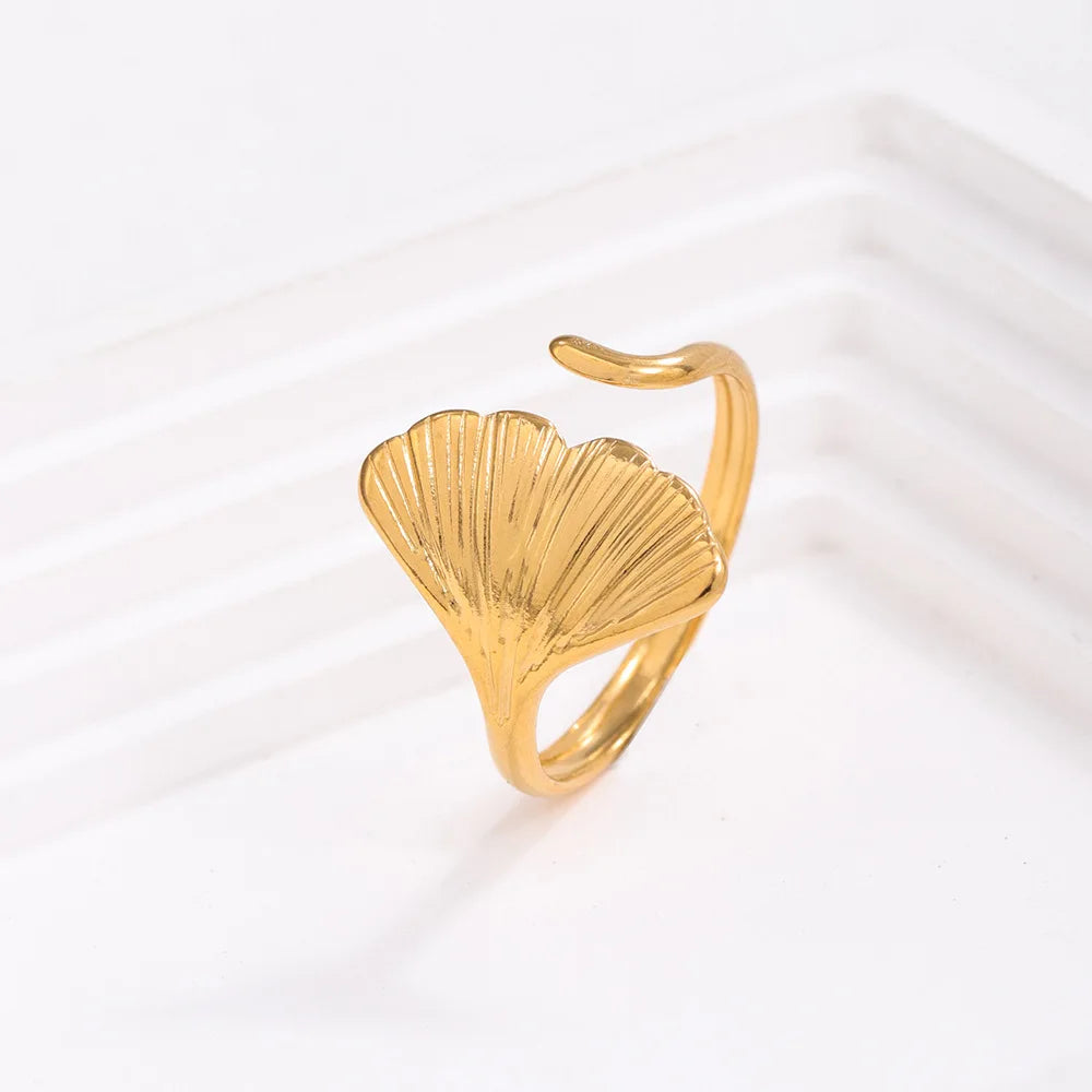 Cunyan 2025 Fashion Ginkgo Leaf Shaped Design Open Rings Gold Plated Stainless Steel Adjustable Rings for Women