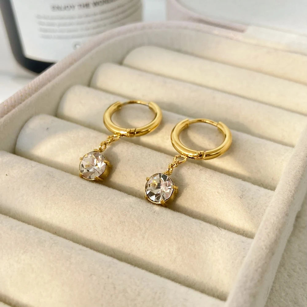Classic Claw Set Single Zircon Earrings Joyas De Acero Inoxidable 18K Gold Stainless Steel Geometric Round Earrings
