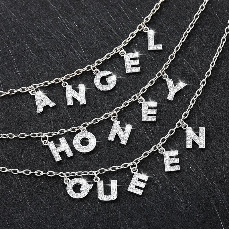HOVANCI 2020 Luxury Shining Cubic Zircon CZ Word Letter Pendant Choker Necklace Stainless Steel Letter Initial Word Necklace