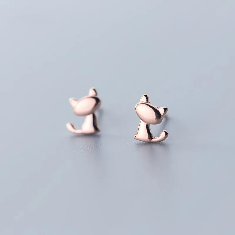 925 Sterling Silver Cute Cat Shape Earings Rose Gold Plated Small Ear Studs Earrings Fashion Jewelry for Women Girls