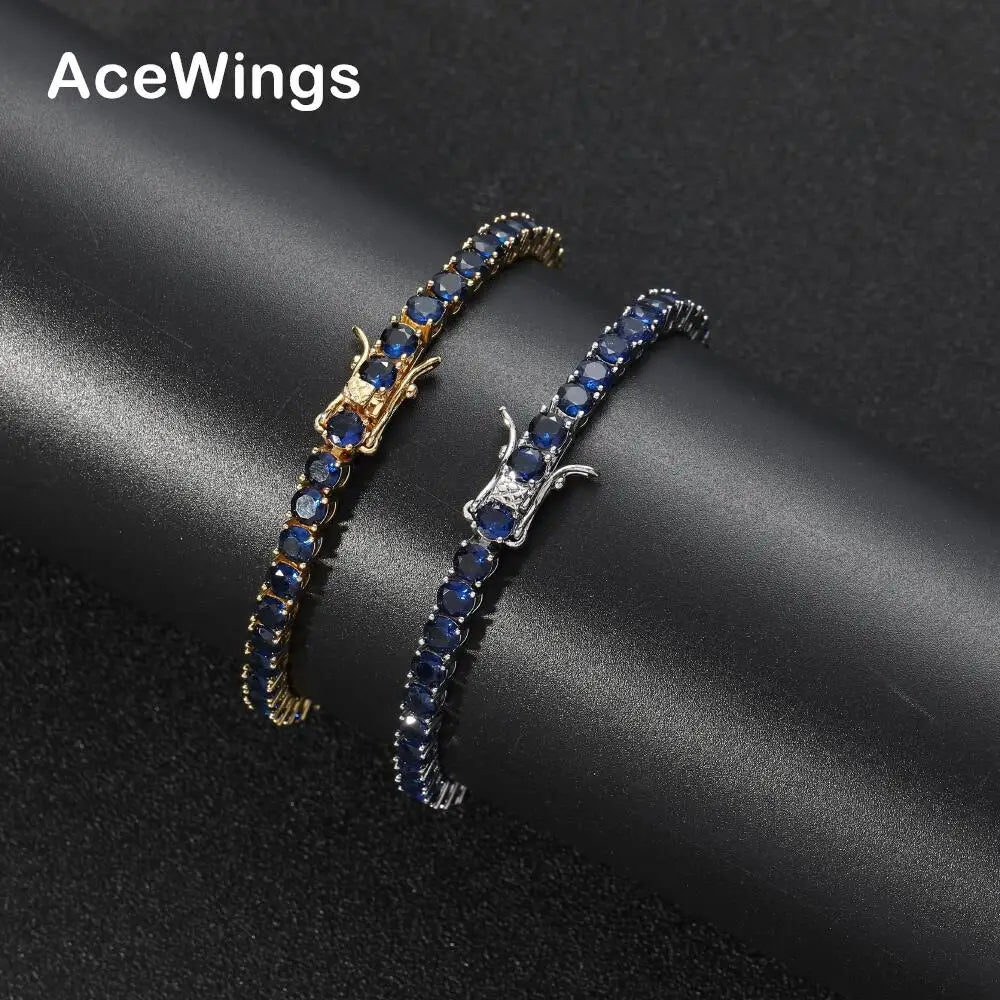 BB206   4mm 7inch 8inch Blue Zircon Brass Prong Setting Zircon Tennis Bracelet Hip Hop CZ Jewelry