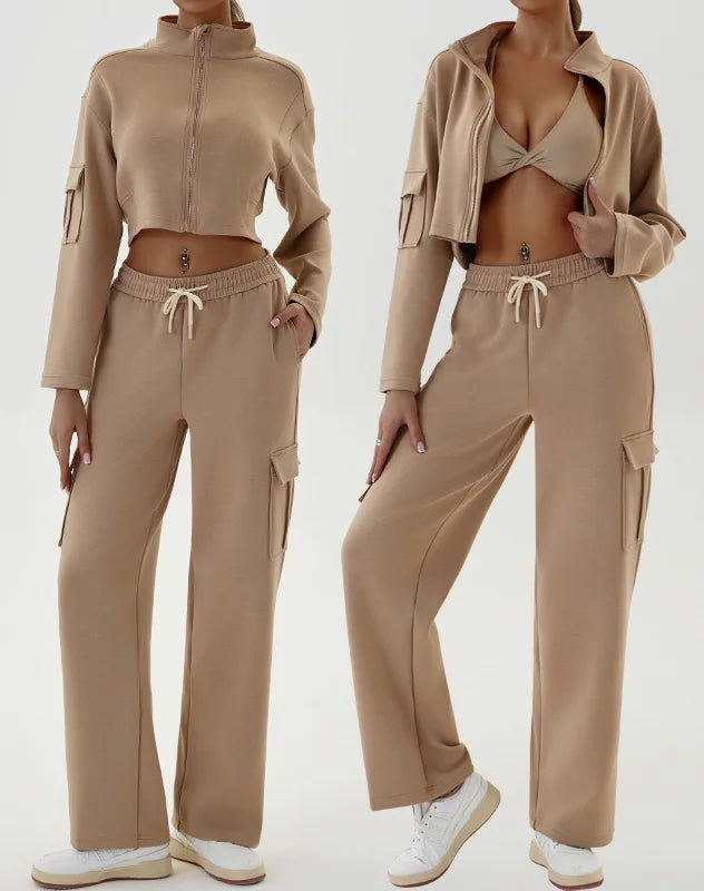 CNSHELL Manufacture Sport Wear Sweats Slightly Cropped Zip Sweat Shirt With Sweat Pants Jogger With Pocket 2 Piece Set Women