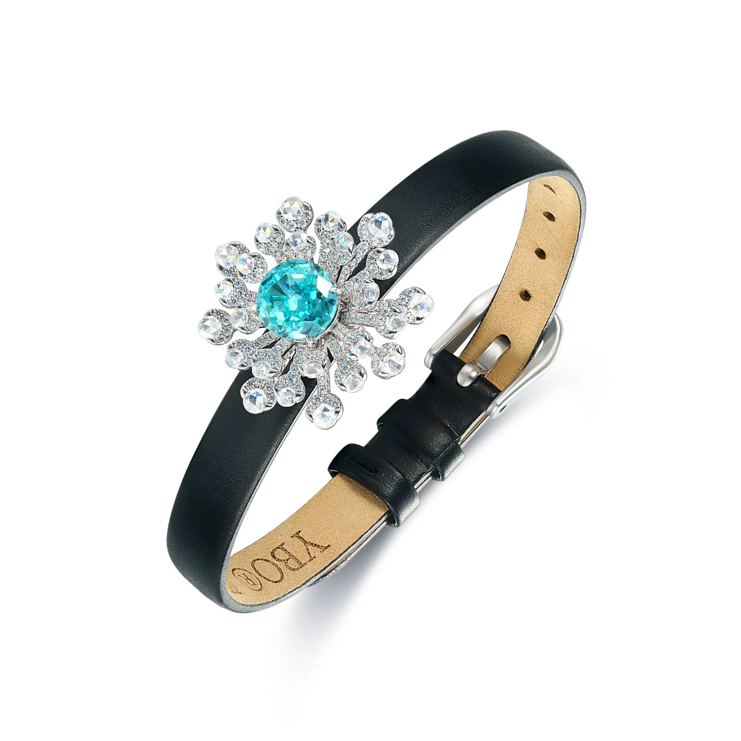 YBO Luxury Women's Fine Bangle Genuine Cow Leather 925 Sterling Silver High Carbon Diamond Flower Wrist Bands