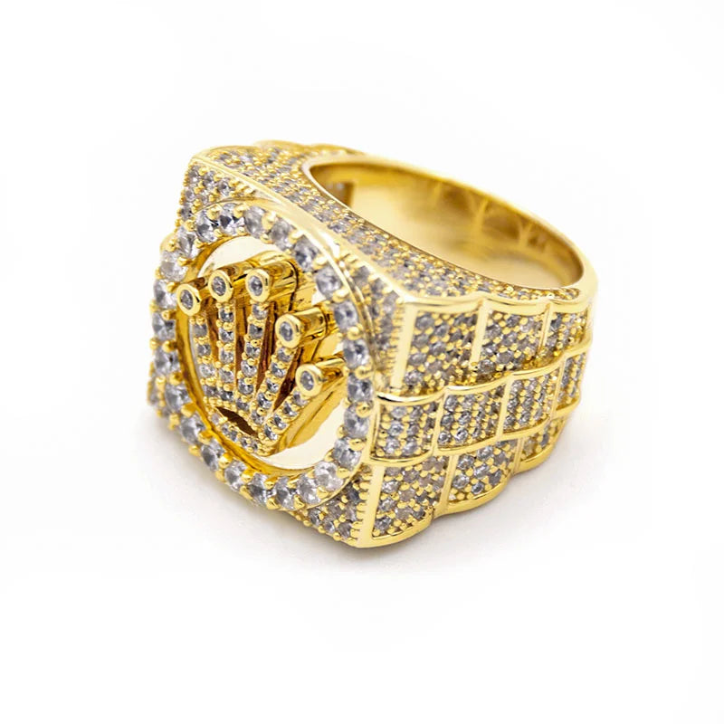 Factory Wholesale 14k Gold Plated CZ Hip Hop Jewelry Ring for Men Shining Fashion Jewelry Diamond Crown Rings Dropshipping