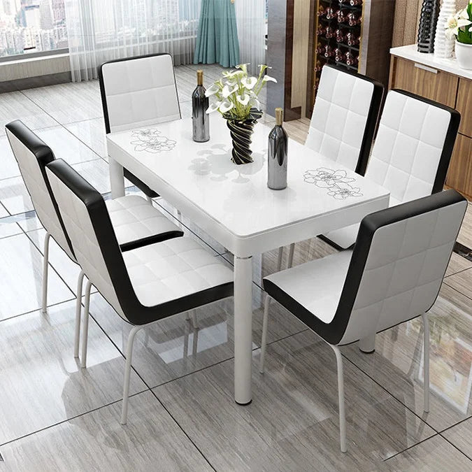 Modern Design Eco-friendly Extendable Glass Dining Table Set with Leather Seat and Stainless Steel Legs for Hotel and Home Use