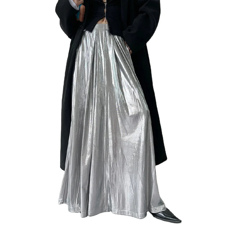 TWOTWINSTYLE Women's New Casual A-Line Midi Skirt Solid Silver Metallic Cotton with Elastic Waist Fashionable Long Skirt Design