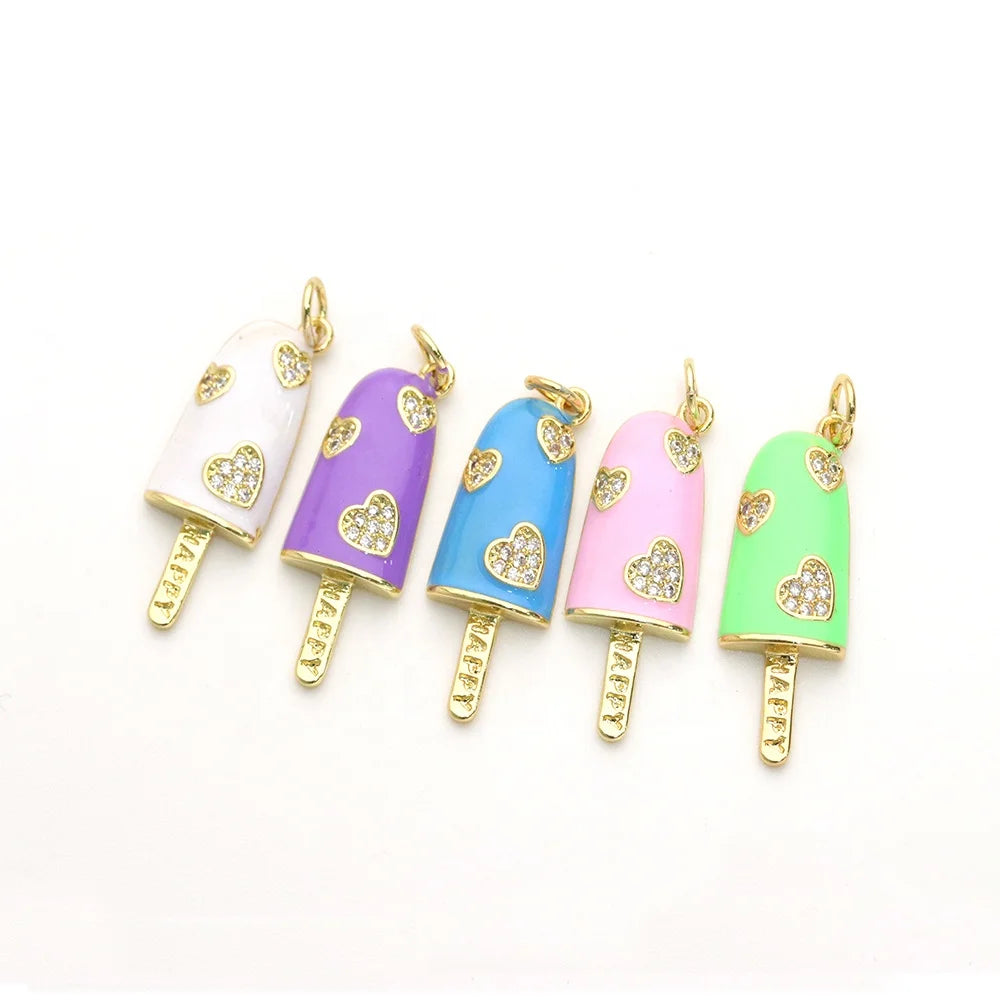 New Design CZ Micro Pave Colorful Enamel Heart Ice Cream Charm Pendant for DIY Jewelry
