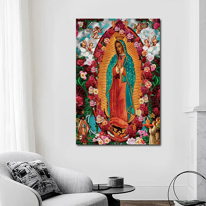 Wholesale Our Lady of Guadalupe Roses Wall Art Mother Mary Christian Religious Printed Canvas Painting for Home Decoration