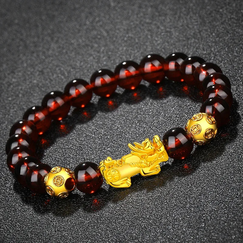 2026 Hot Sale Friends Family Gifts Jewelry 8mm Garnet Beaded Bracelet Beautiful 3d Hard Gold Pixiu Bracelet Gifts for Women Men