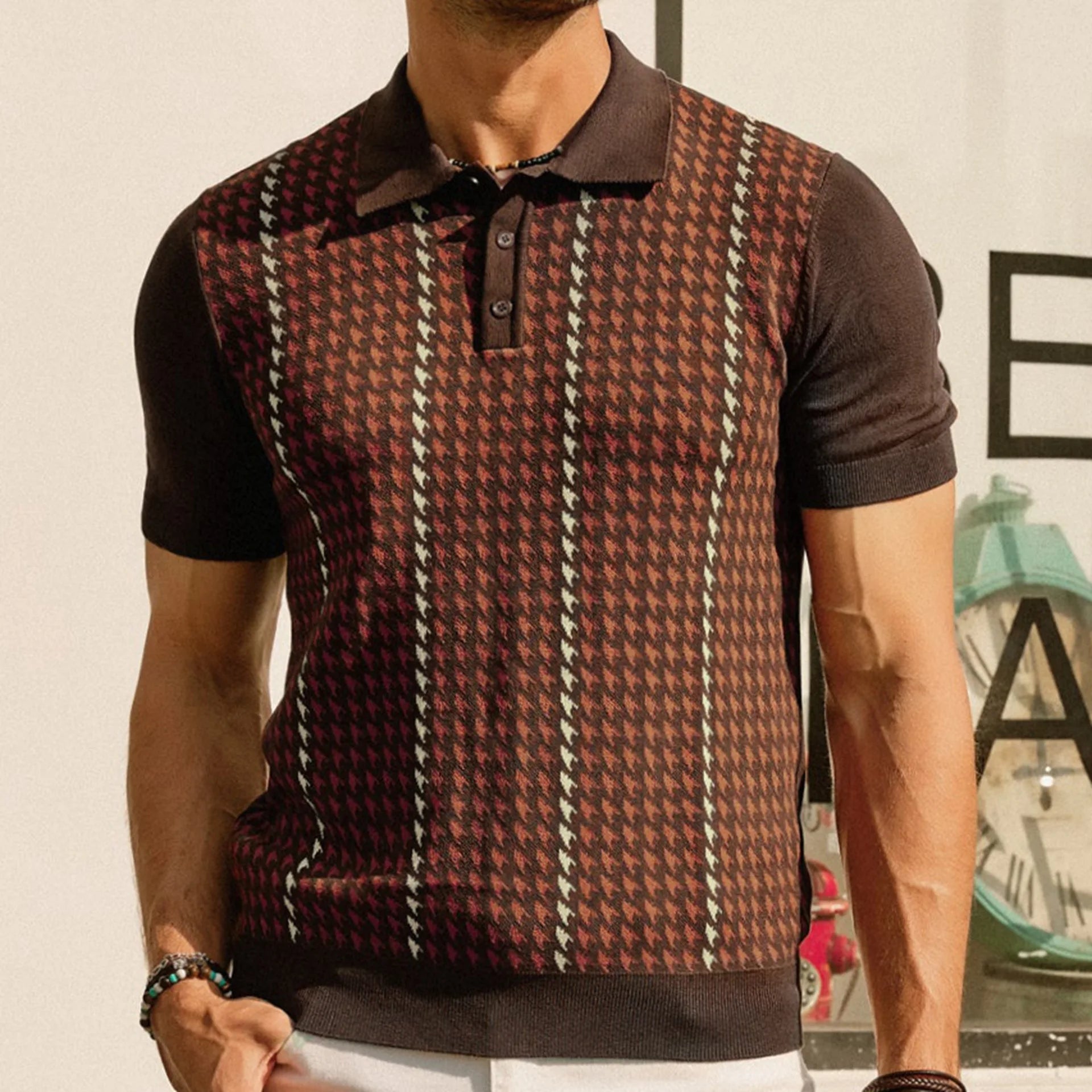 Men's Vintage Polo Shirts Retro Knit Summer Short Sleeve Jacquard Weave Buckle up  Men Polo Shirts