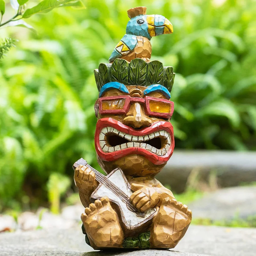 Solar Resin Tiki Statue Hand-painted Glowing Eyes & Toucan Top Holiday Garden Outdoor Decor