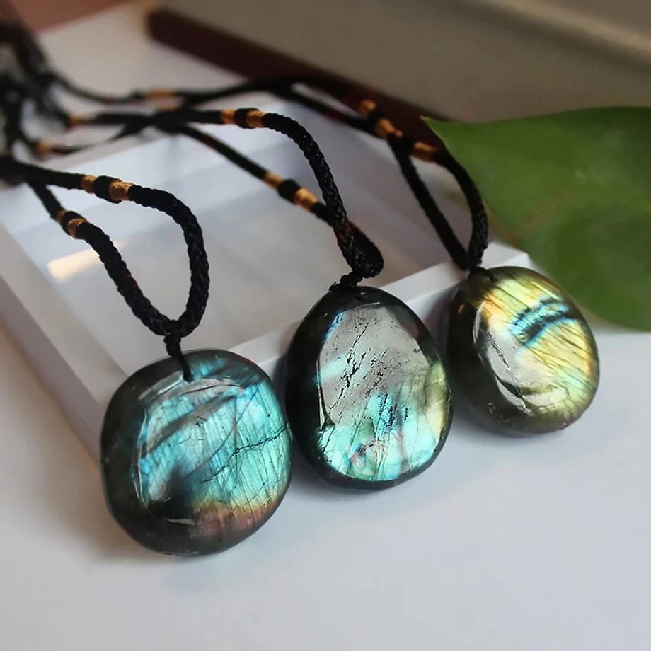 CSJA Wholesale Energy Real Stone Necklace Jewelry Polished Irregular Shaped Natural Labradorite Pendant Necklaces for Women G867