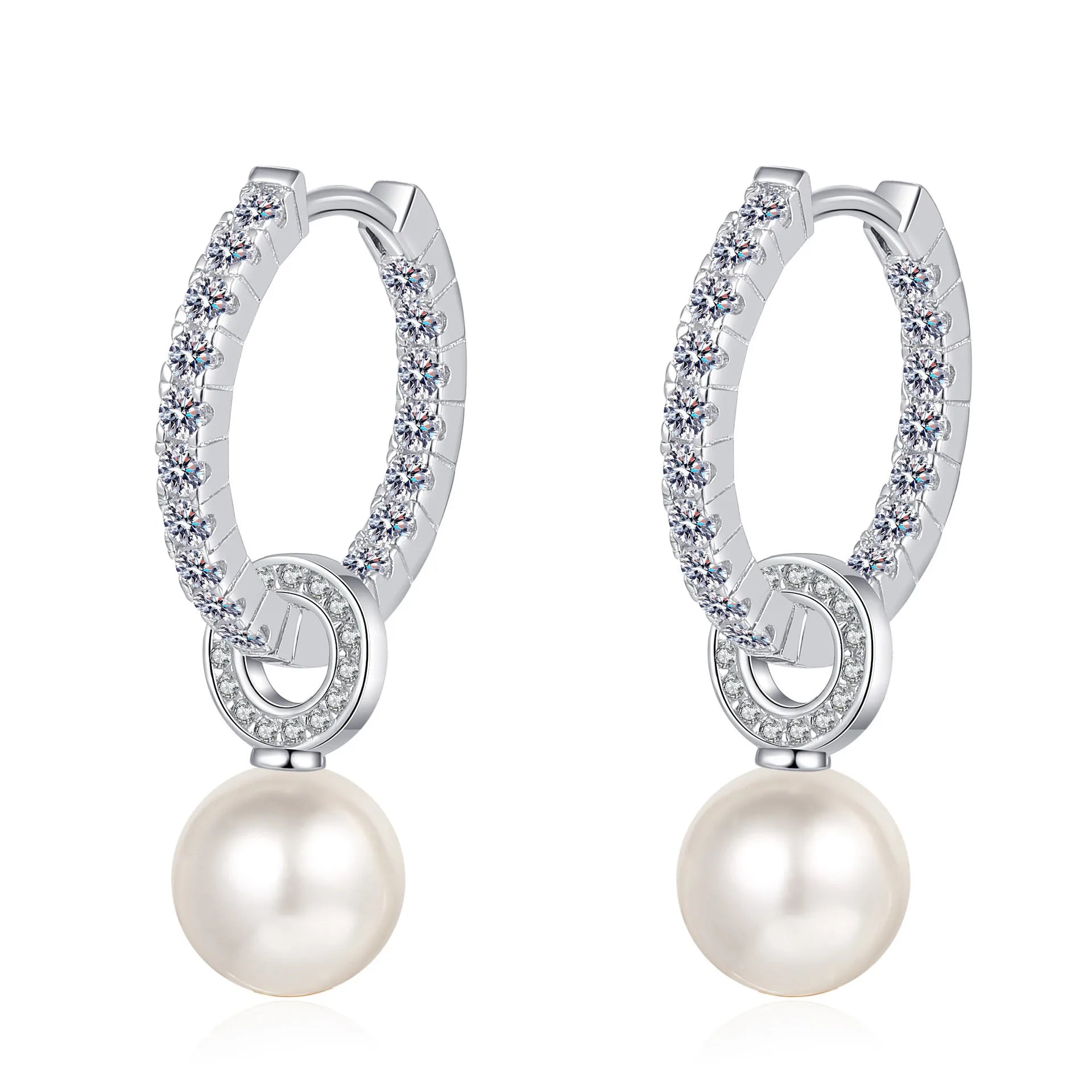 Classic Wedding Engagement Jewelry Earrings 925 Sterling Silver Full Diamond Moissanite Pearl Pendant Hoop Earrings for Women