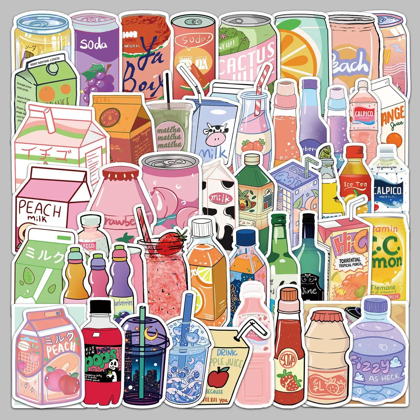 50pcs Variety of Beverages Waterproof Stickers for Helmet Laptop Skateboard Suitcase Refrigerator Handbag and Books