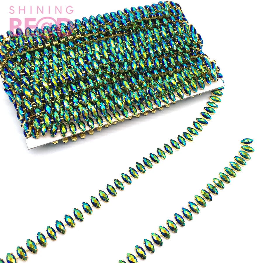 Bling AB Green Rhinestone Chain Trimming Bridal Dress Decoration for Wedding Garment Gold Applique Trim Sewing